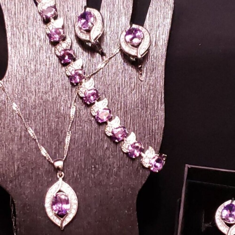 Sterling Silver Necklace, Earrings, Ring & Bracelet Set W/Purple Zircon Stones
